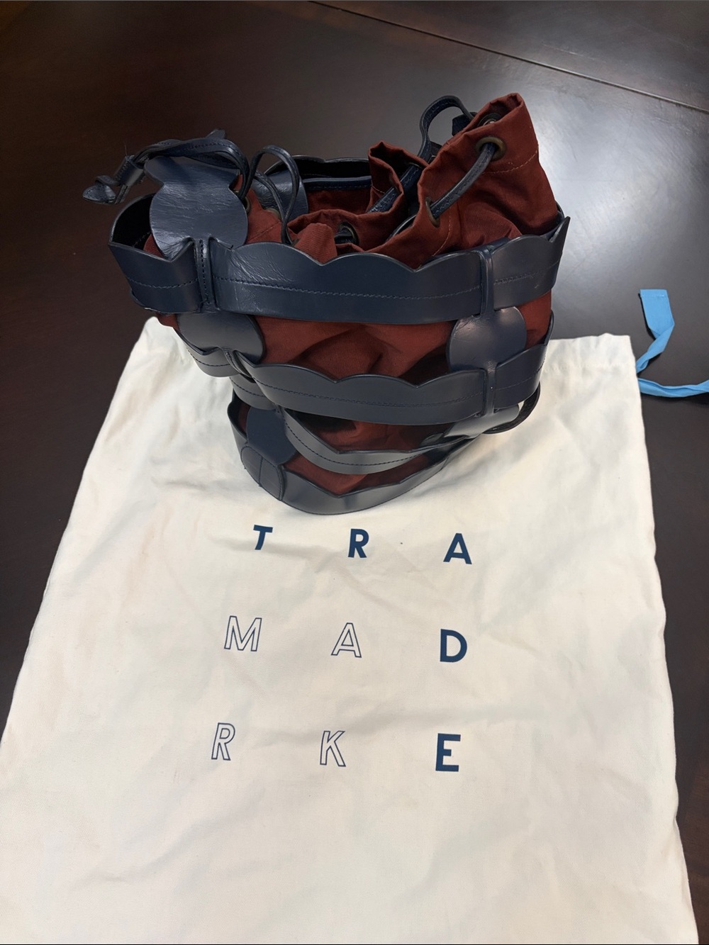 Trademarke Scalloped Navy Leather-Strap Shoulder Bag with Rust Canvas Insert